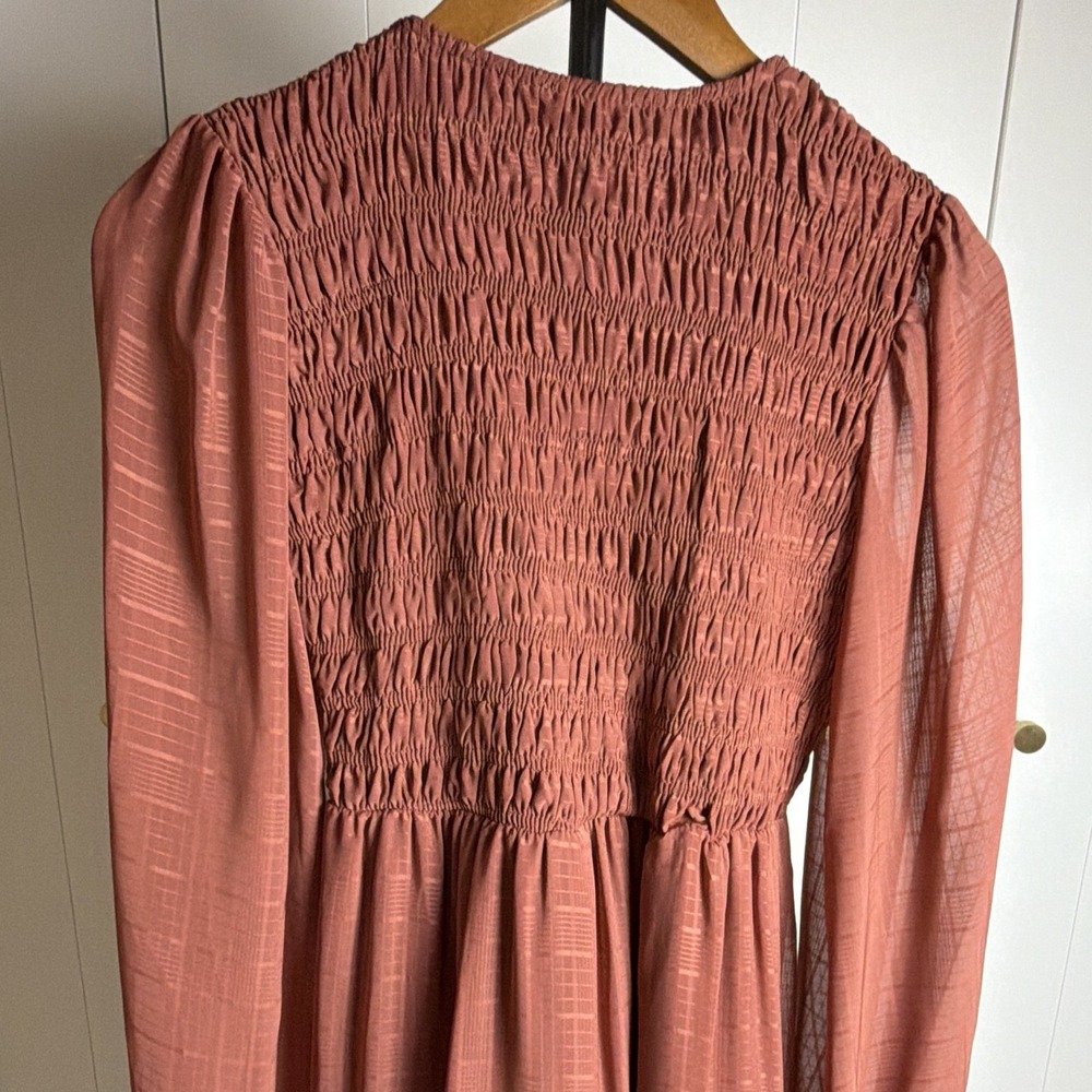Women's Fall Boho Gypsy Rust Pink LS Smocked Ruffle V-Neck Midi Dress Size S - Picture 7 of 7